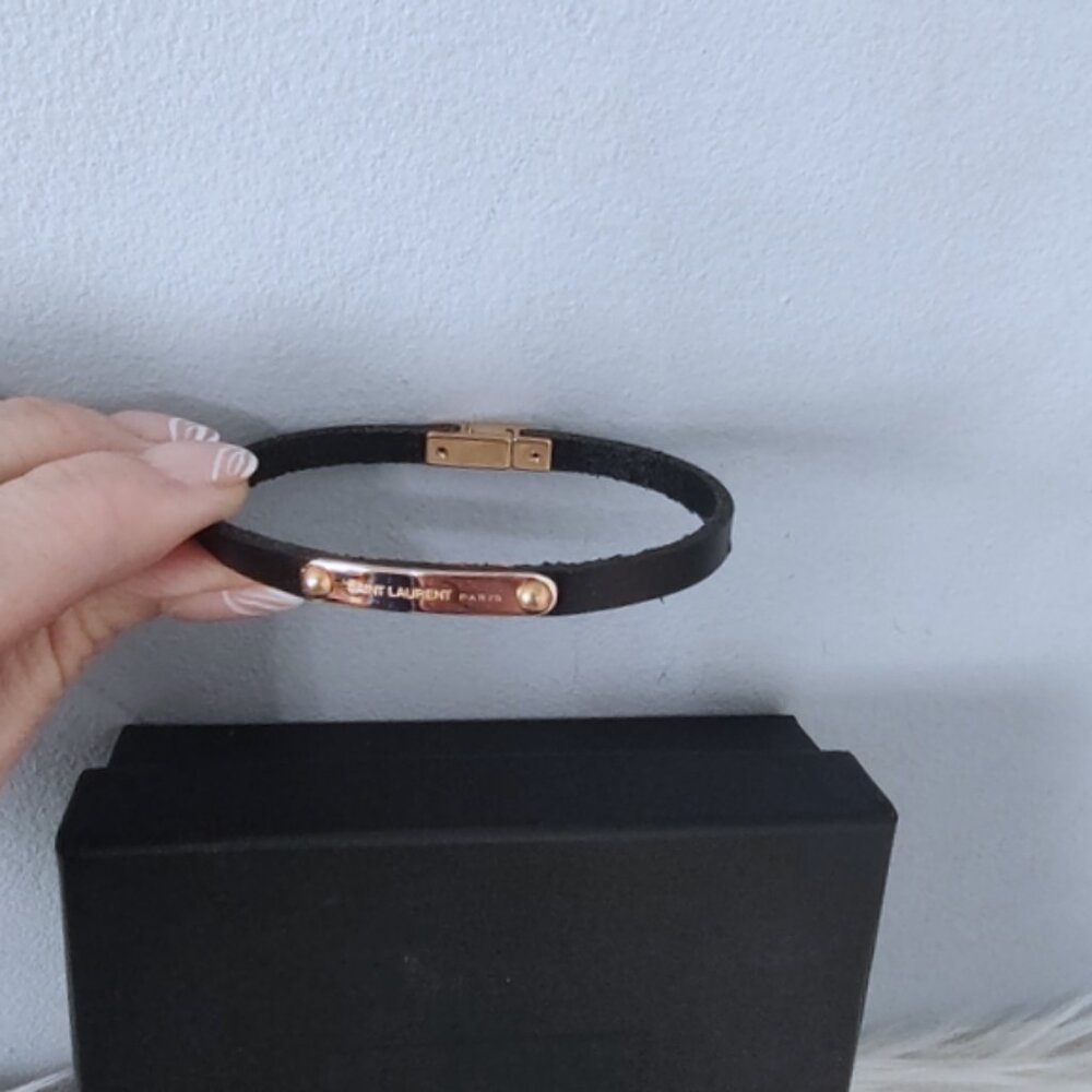 Yves Saint Laurent leather bracelet gold-tone plaque full set dust bag box EUC - Picture 5 of 9